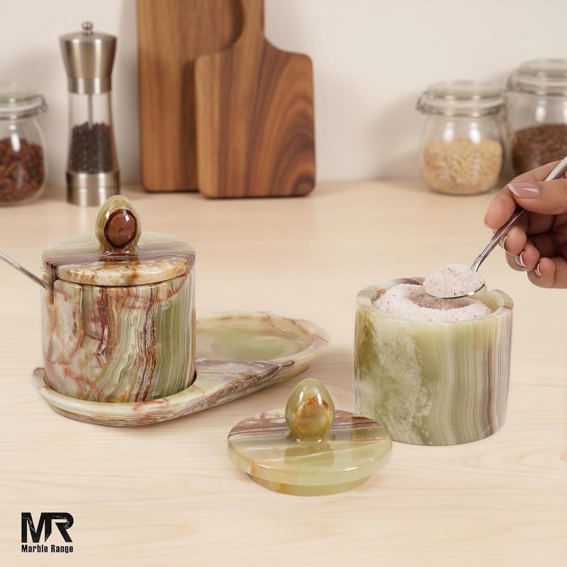 MARBLE RANGE Marble Salt Cellar with Lid and tray 4 Inch Green Onyx Handmade Salt Container, Set of 2 Seasoning Jars, Spice Storage Containers for Kitchen Countertop, Sugar Bowl - Image 5